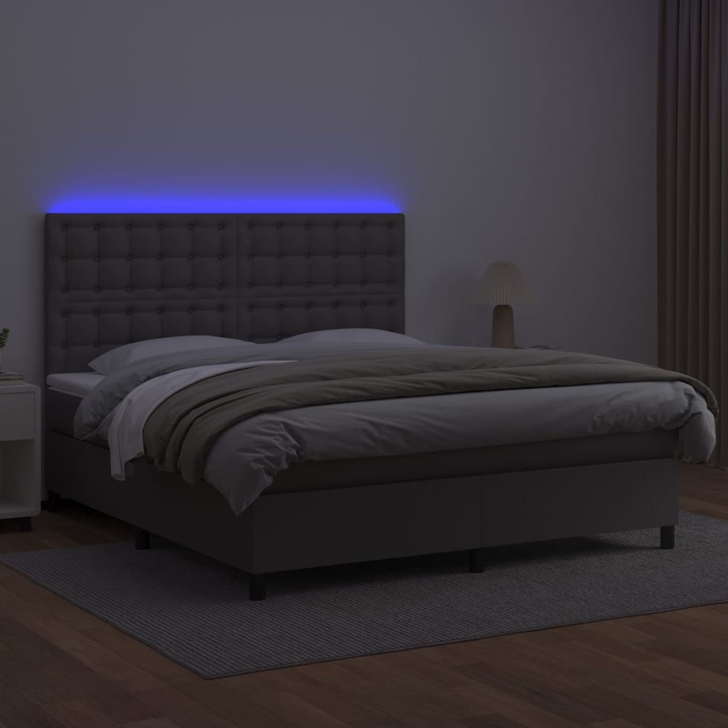 Κρεβάτι Boxspring με Στρώμα & LED Γκρι 160x200 εκ. Συνθ. Δέρμα