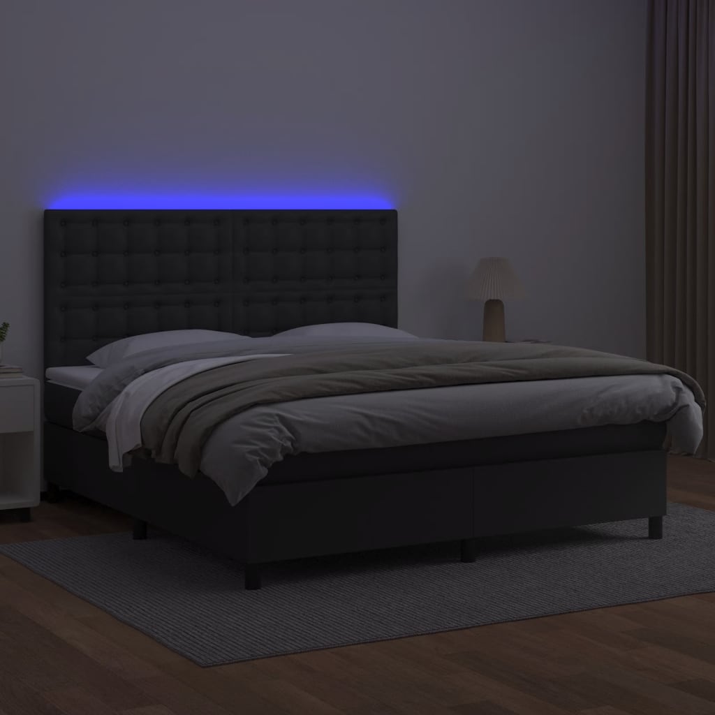 Κρεβάτι Boxspring με Στρώμα & LED Μαύρο 180x200 εκ. Συνθ. Δέρμα