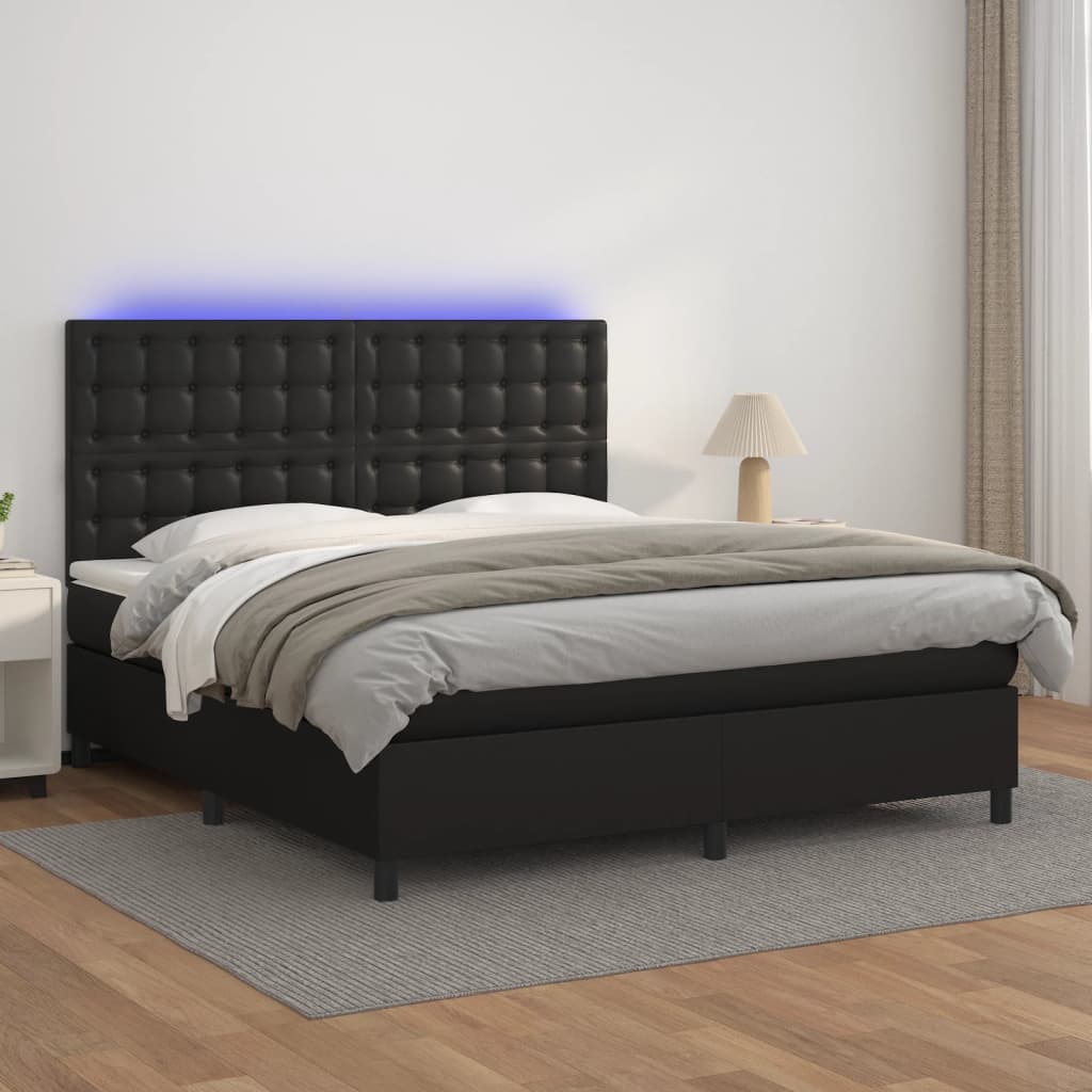 Κρεβάτι Boxspring με Στρώμα & LED Μαύρο 180x200 εκ. Συνθ. Δέρμα