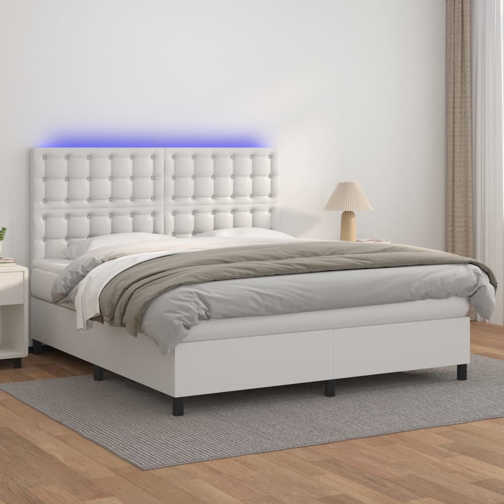 Κρεβάτι Boxspring με Στρώμα & LED Λευκό 180x200 εκ. Συνθ. Δέρμα