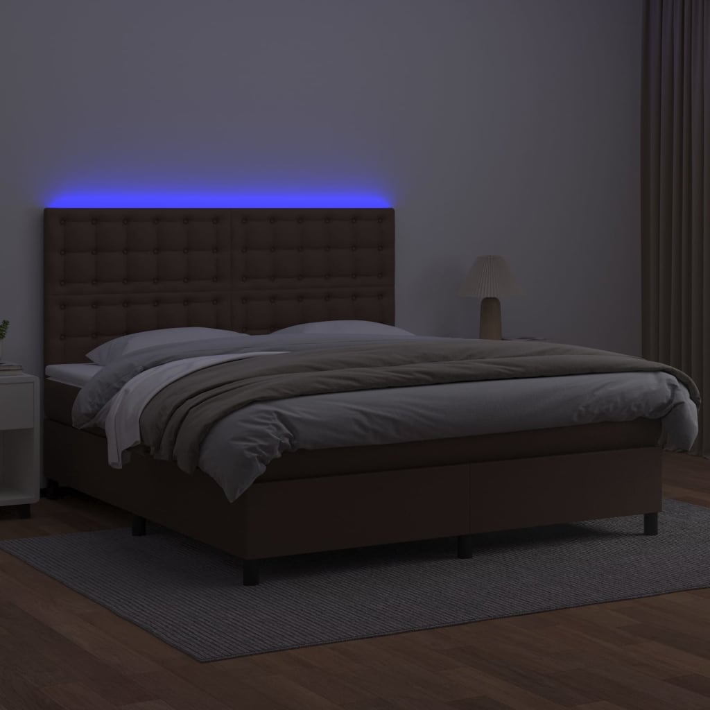 Κρεβάτι Boxspring με Στρώμα & LED Καφέ 180x200 εκ. Συνθ. Δέρμα
