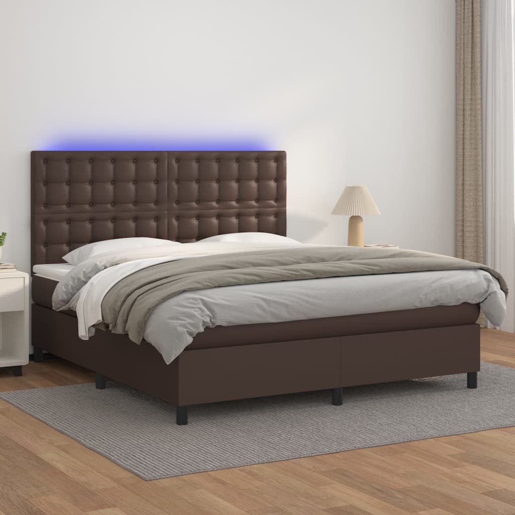Κρεβάτι Boxspring με Στρώμα & LED Καφέ 180x200 εκ. Συνθ. Δέρμα