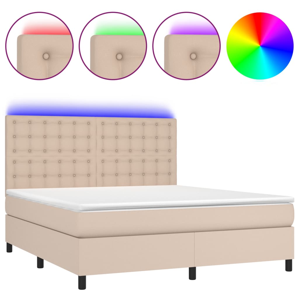 Κρεβάτι Boxspring Στρώμα&LED Καπουτσίνο 180x200 εκ. Συνθ. Δέρμα