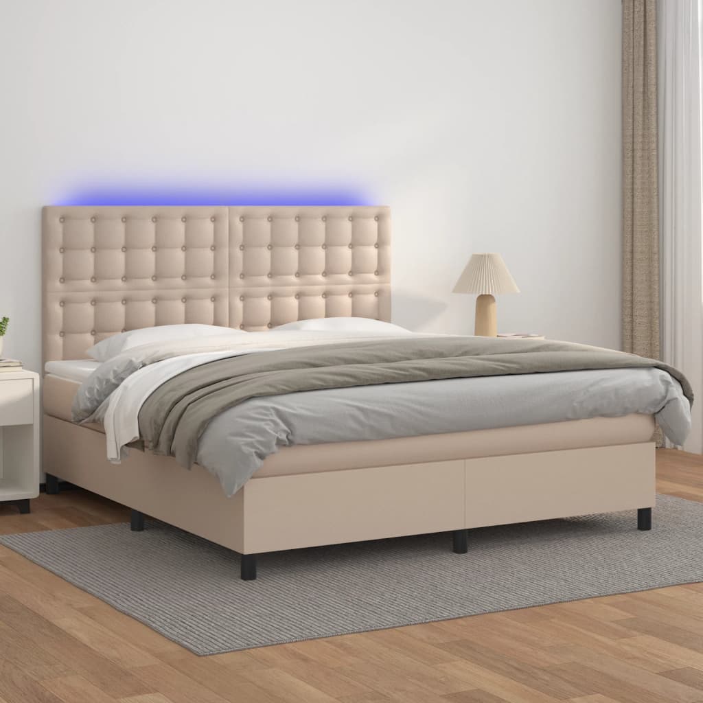 Κρεβάτι Boxspring Στρώμα&LED Καπουτσίνο 180x200 εκ. Συνθ. Δέρμα