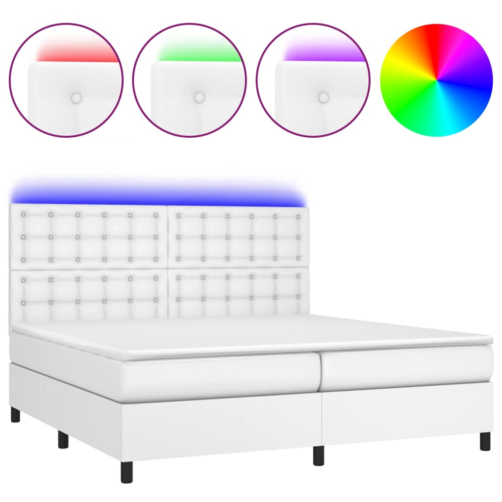 Κρεβάτι Boxspring με Στρώμα & LED Λευκό 200x200 εκ. Συνθ. Δέρμα