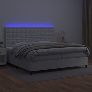 Κρεβάτι Boxspring με Στρώμα & LED Λευκό 200x200 εκ. Συνθ. Δέρμα