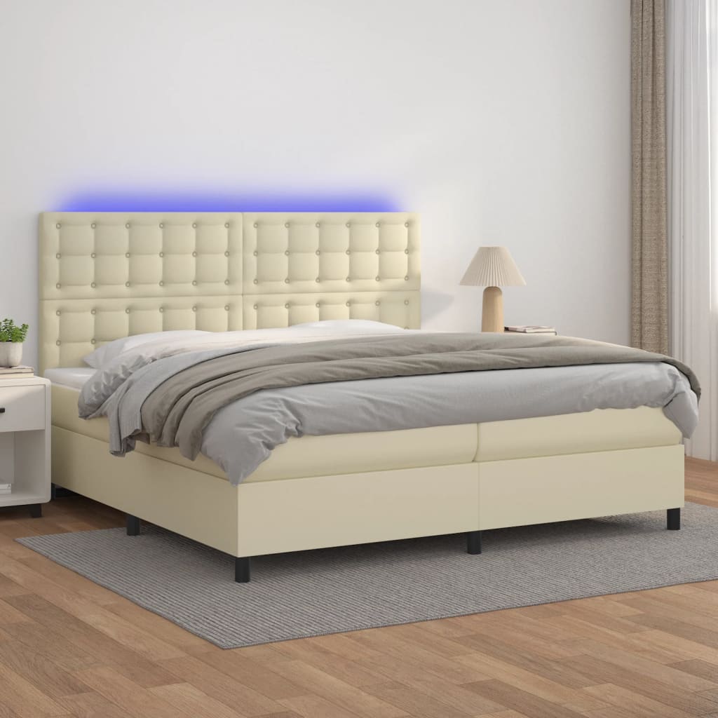 Κρεβάτι Boxspring με Στρώμα & LED Κρεμ 200x200 εκ. Συνθ. Δέρμα - Pakobazaar