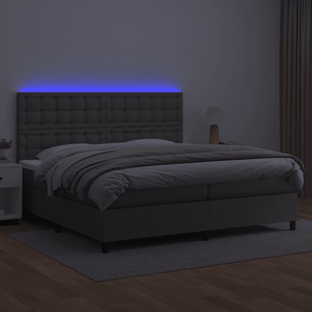 Κρεβάτι Boxspring με Στρώμα & LED Γκρι 200x200 εκ. Συνθ. Δέρμα