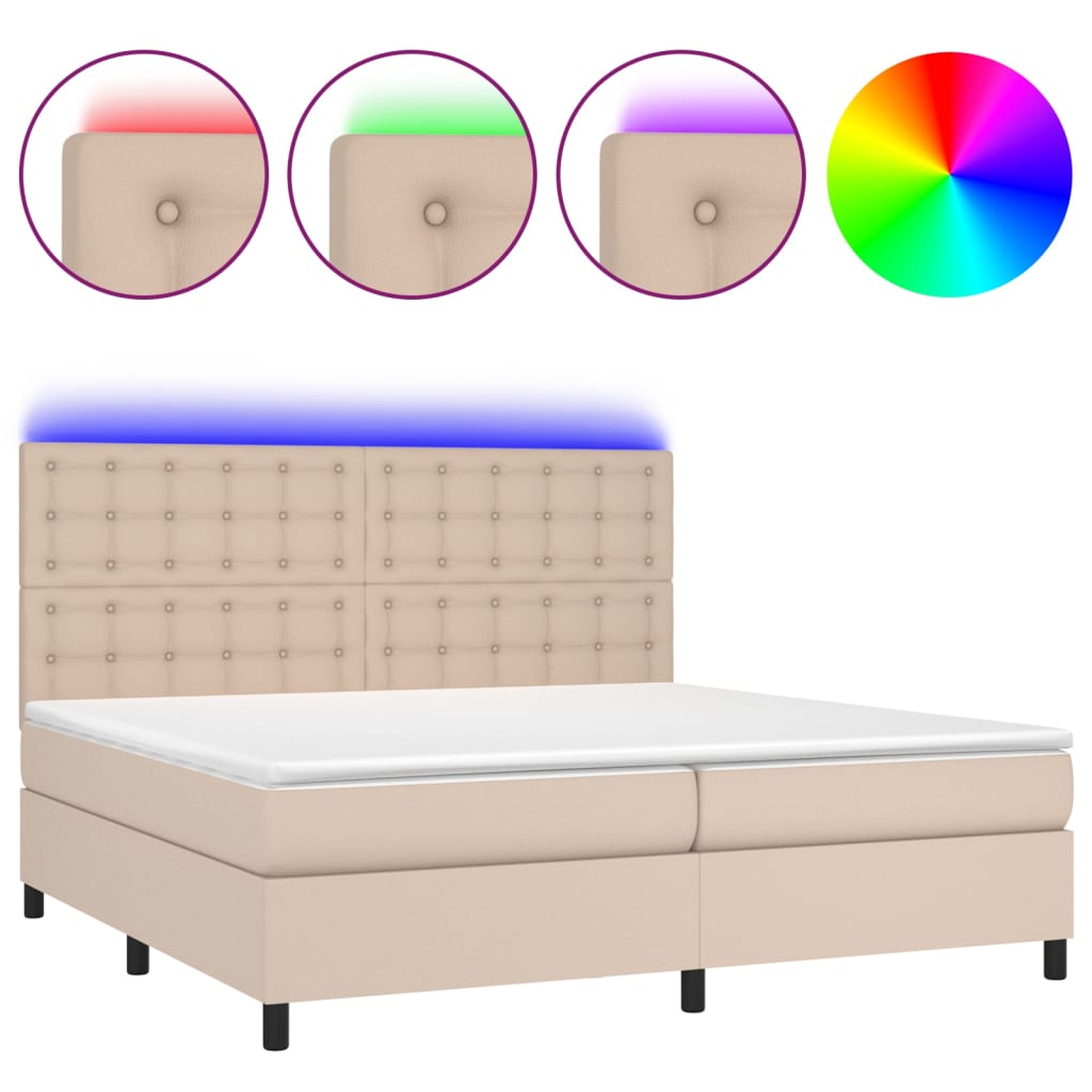 Κρεβάτι Boxspring Στρώμα&LED Καπουτσίνο 200x200 εκ. Συνθ. Δέρμα - Pakobazaar