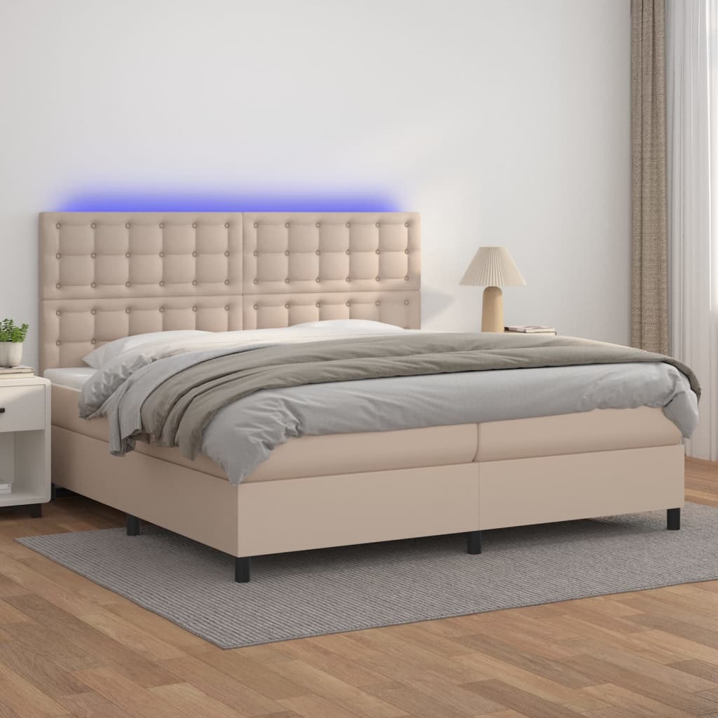 Κρεβάτι Boxspring Στρώμα&LED Καπουτσίνο 200x200 εκ. Συνθ. Δέρμα - Pakobazaar