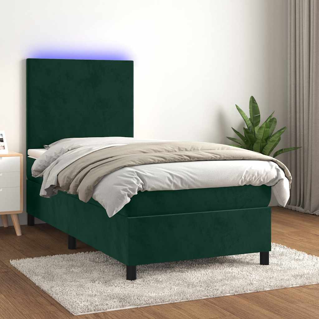 Κρεβάτι Boxspring με Στρώμα & LED Σκ. Πράσινο 90x190 εκ Βελούδο