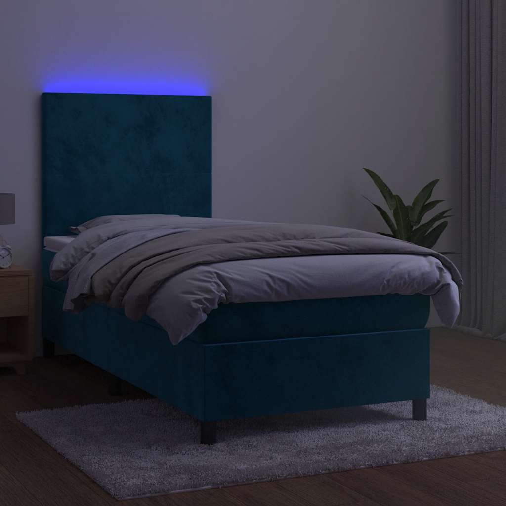 Κρεβάτι Boxspring με Στρώμα & LED Σκ. Μπλε 90x190 εκ. Βελούδινο
