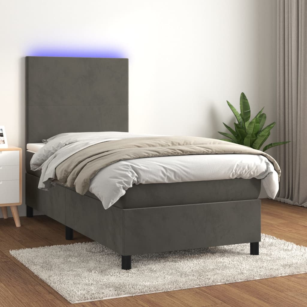 Κρεβάτι Boxspring με Στρώμα & LED Σκ. Γκρι 100x200εκ. Βελούδινο