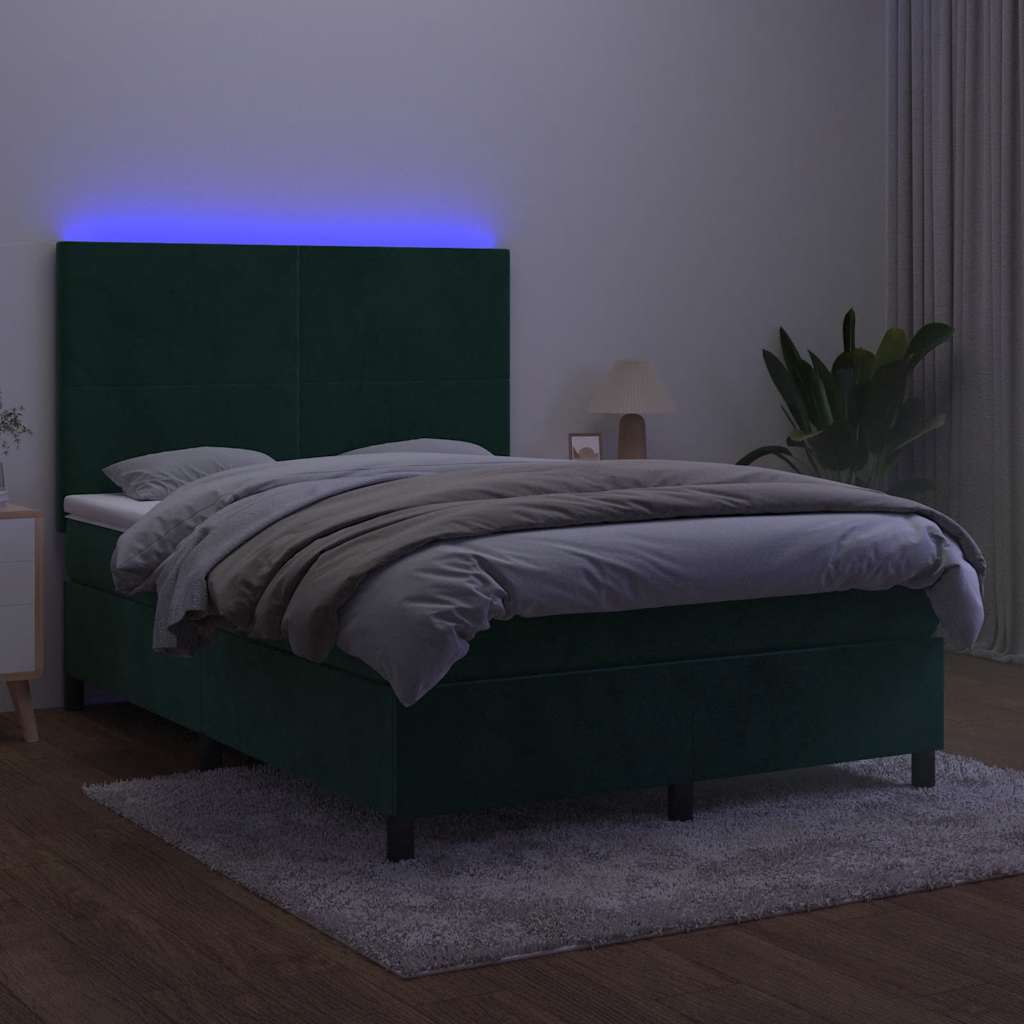 Κρεβάτι Boxspring με Στρώμα & LED Σκ. Πράσινο 140x190εκ Βελούδο