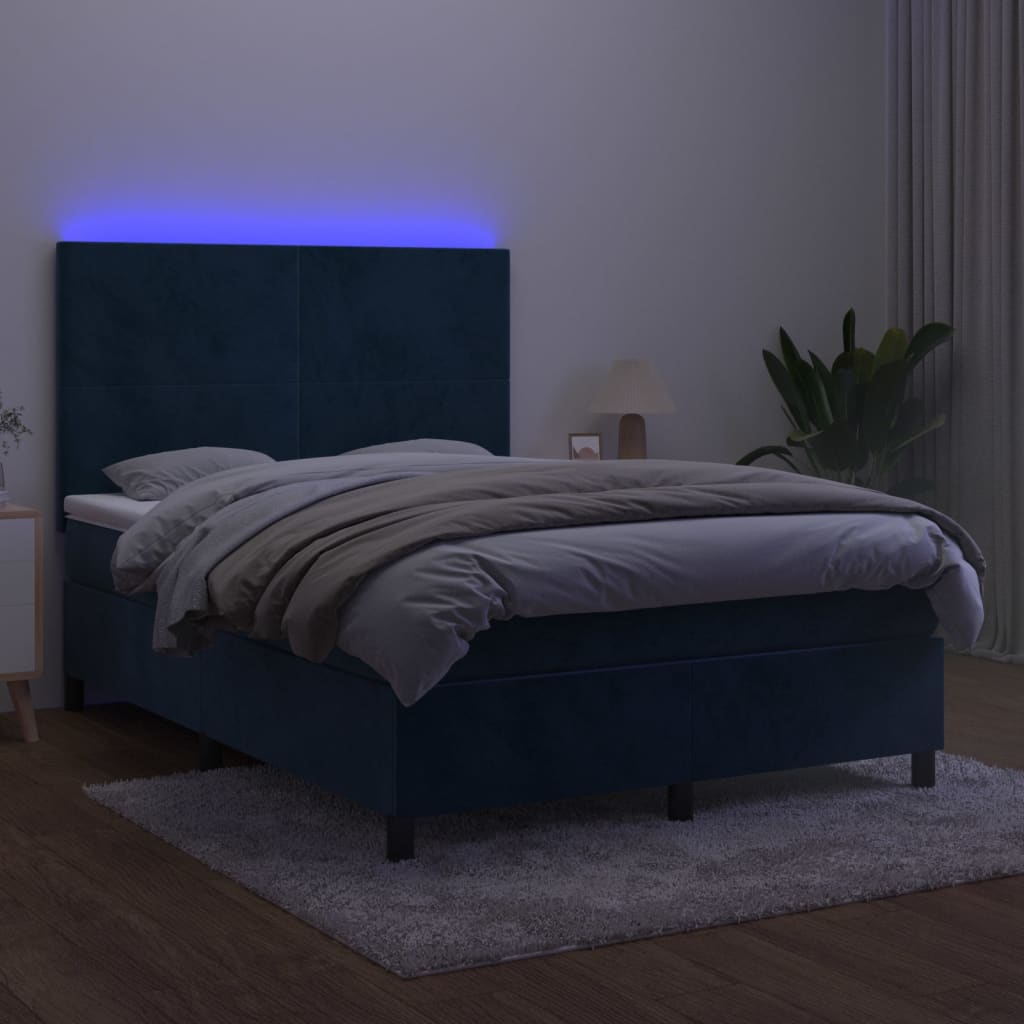 Κρεβάτι Boxspring με Στρώμα & LED Σκ. Μπλε 140x190εκ. Βελούδινο
