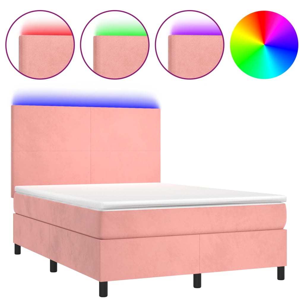 Κρεβάτι Boxspring με Στρώμα & LED Ροζ 140x190 εκ. Βελούδινο