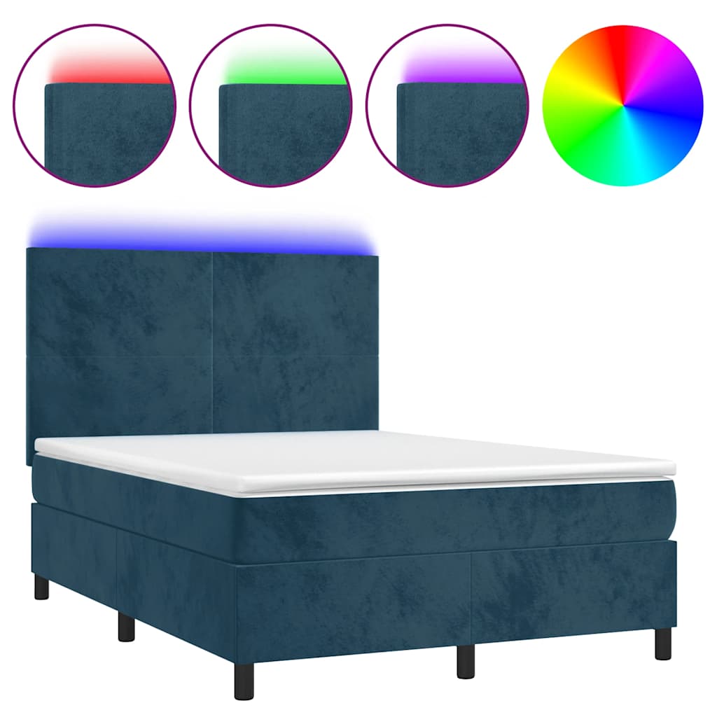 Κρεβάτι Boxspring με Στρώμα & LED Σκ. Μπλε 140x200εκ. Βελούδινο