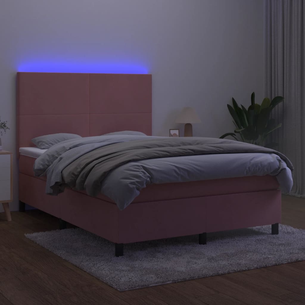 Κρεβάτι Boxspring με Στρώμα & LED Ροζ 140x200 εκ. Βελούδινο