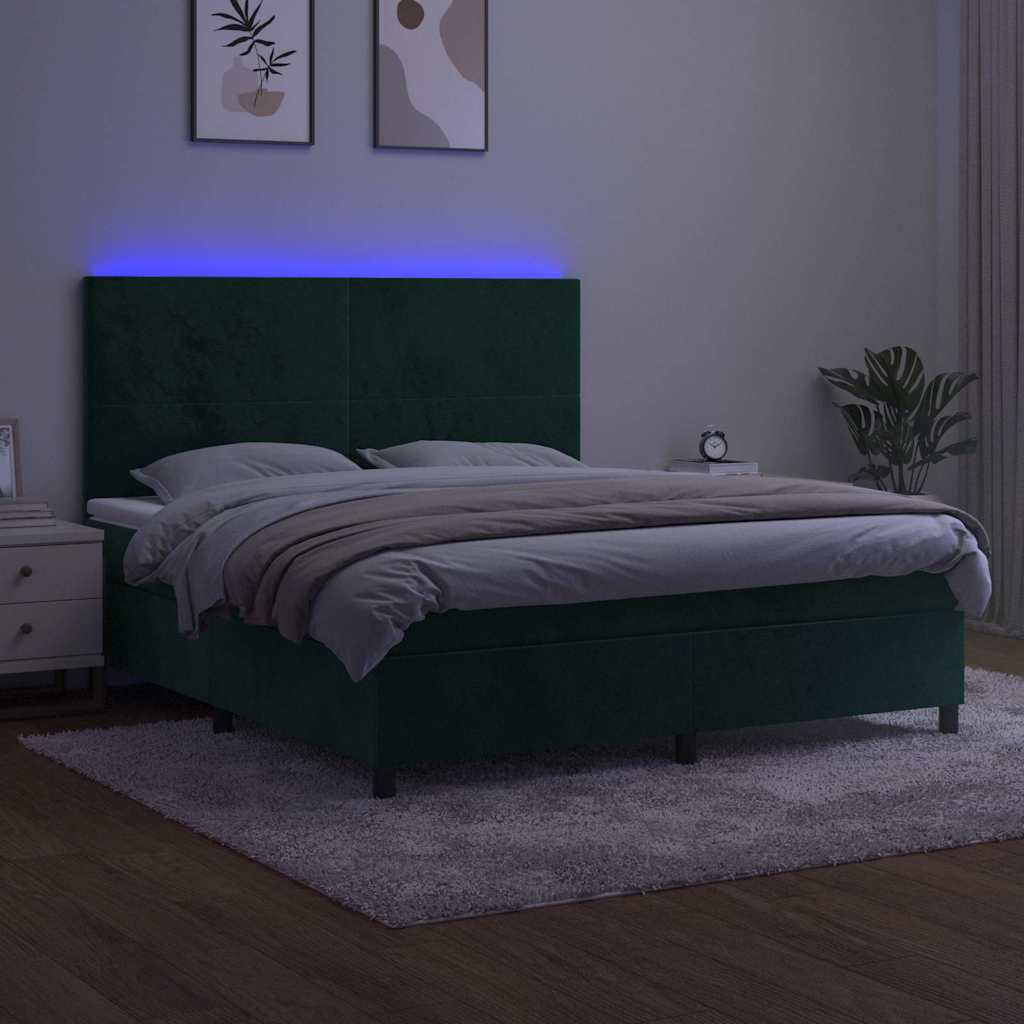 Κρεβάτι Boxspring με Στρώμα & LED Σκ. Πράσινο 160x200εκ Βελούδο