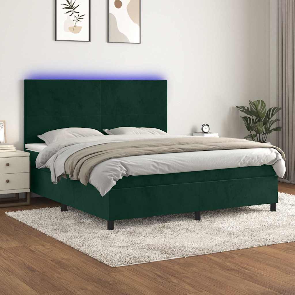 Κρεβάτι Boxspring με Στρώμα & LED Σκ. Πράσινο 160x200εκ Βελούδο