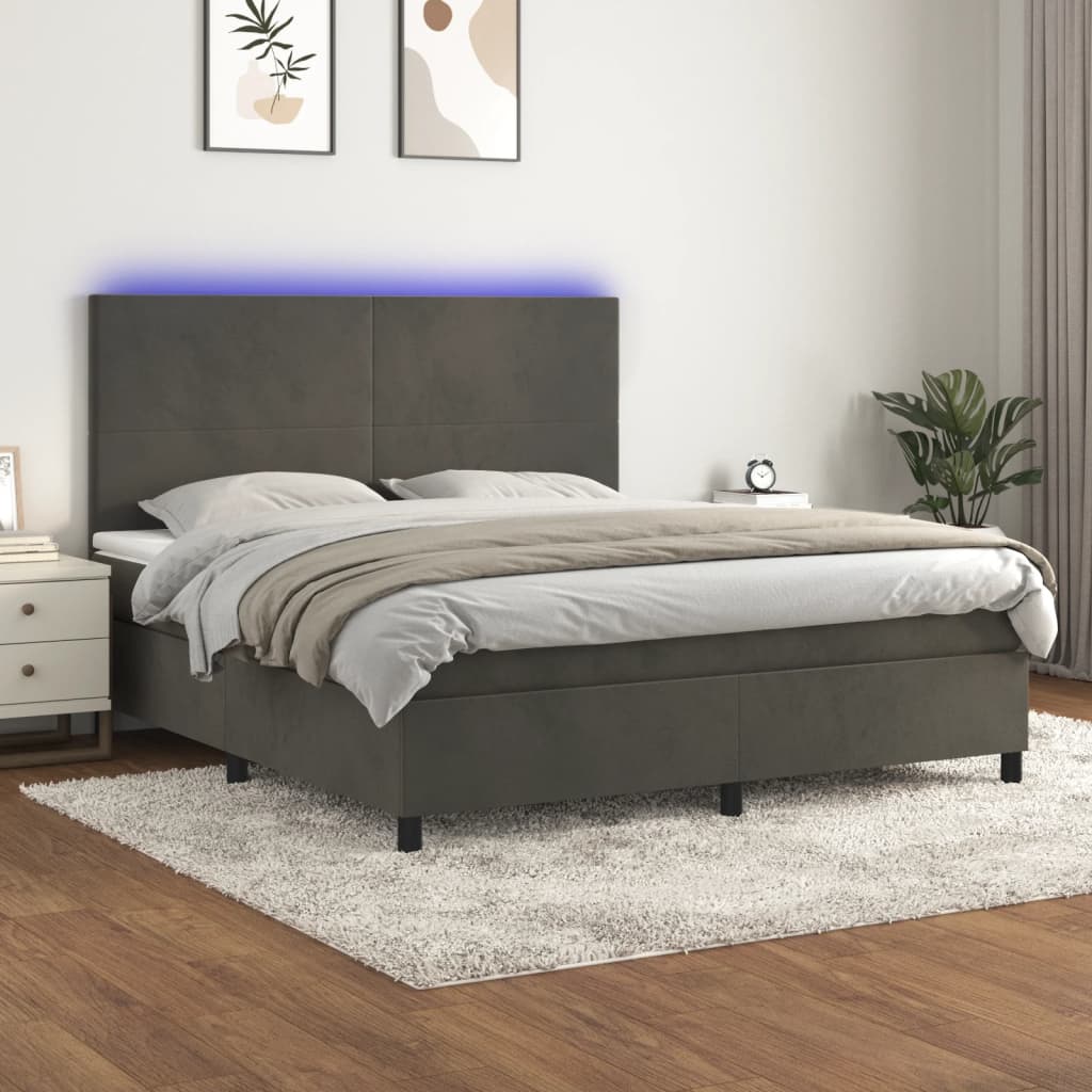 Κρεβάτι Boxspring με Στρώμα & LED Σκ. Γκρι 180x200εκ. Βελούδινο