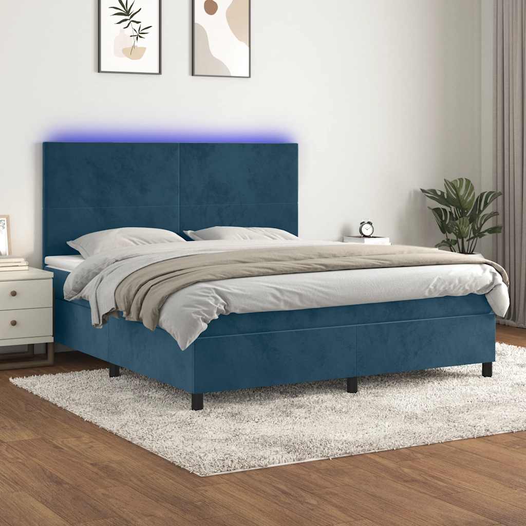 Κρεβάτι Boxspring με Στρώμα & LED Σκ. Μπλε 180x200εκ. Βελούδινο