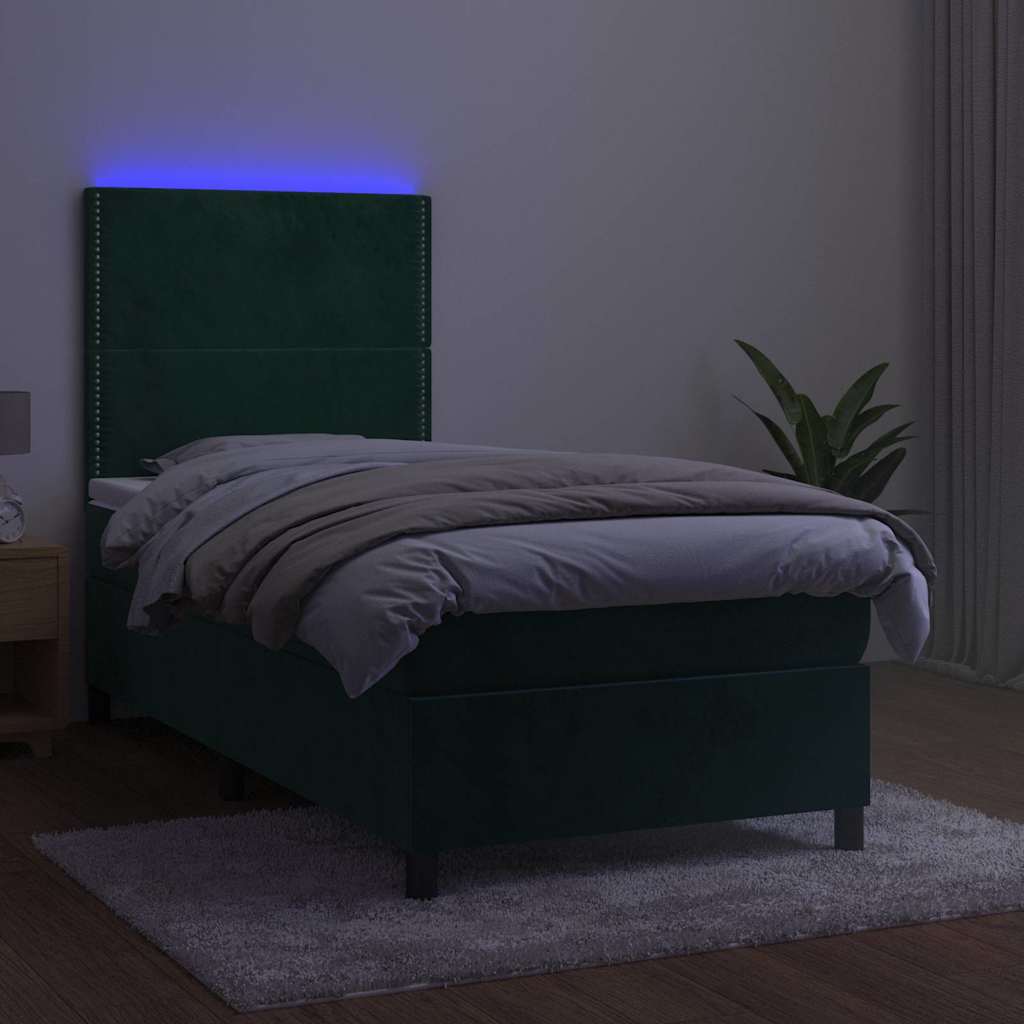 Κρεβάτι Boxspring με Στρώμα & LED Σκ. Πράσινο 90x190 εκ Βελούδο