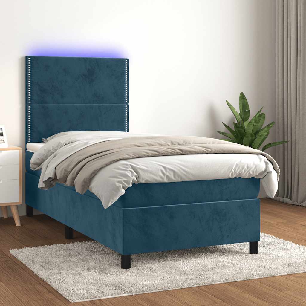 Κρεβάτι Boxspring με Στρώμα & LED Σκ. Μπλε 90x190 εκ. Βελούδινο