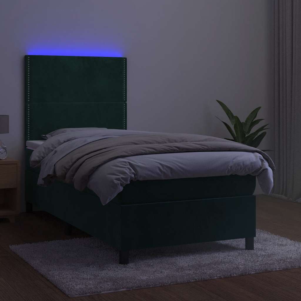 Κρεβάτι Boxspring με Στρώμα & LED Σκ. Πράσινο 90x200 εκ Βελούδο