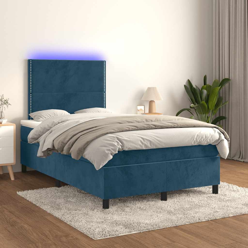 Κρεβάτι Boxspring με Στρώμα & LED Σκ. Μπλε 120x200εκ. Βελούδινο