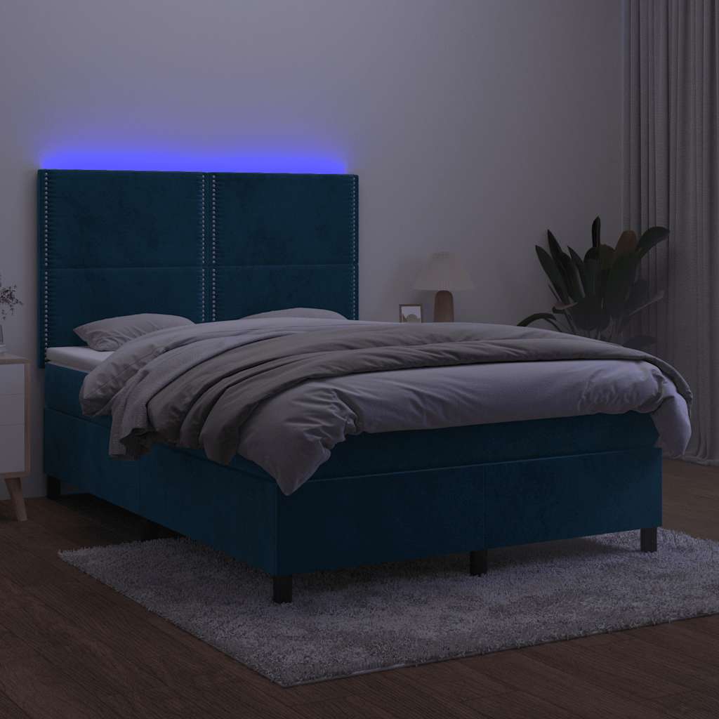 Κρεβάτι Boxspring με Στρώμα & LED Σκ. Μπλε 140x190εκ. Βελούδινο