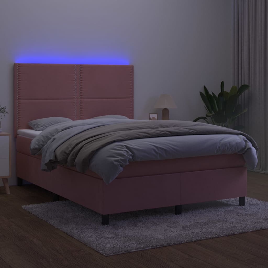 Κρεβάτι Boxspring με Στρώμα & LED Ροζ 140x190 εκ. Βελούδινο