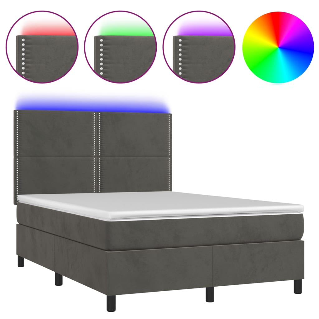 Κρεβάτι Boxspring με Στρώμα & LED Σκ. Γκρι 140x200εκ. Βελούδινο