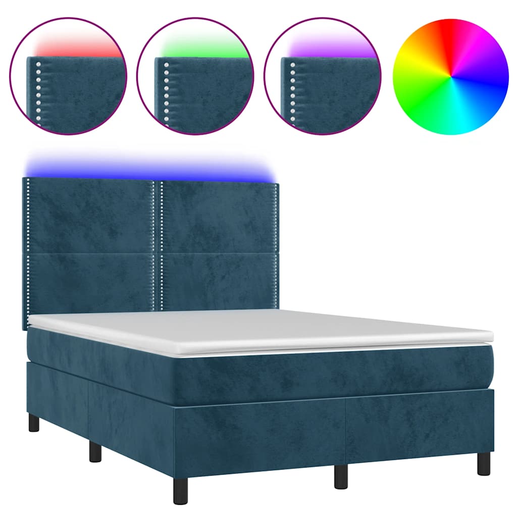 Κρεβάτι Boxspring με Στρώμα & LED Σκ. Μπλε 140x200εκ. Βελούδινο