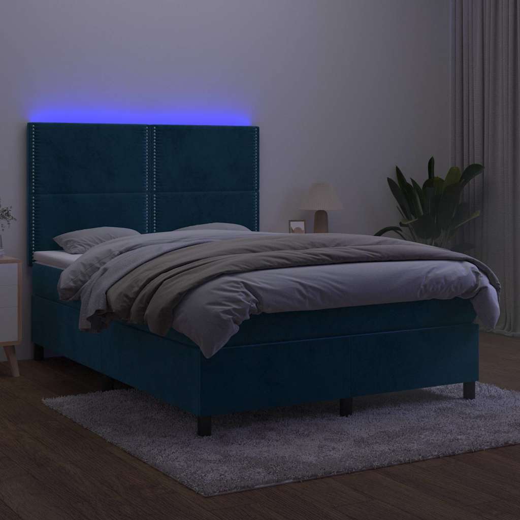 Κρεβάτι Boxspring με Στρώμα & LED Σκ. Μπλε 140x200εκ. Βελούδινο
