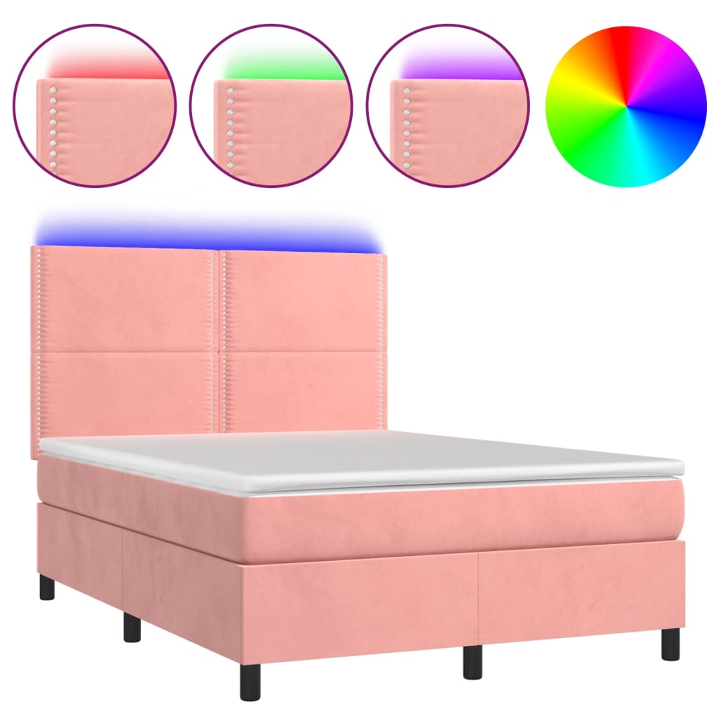 Κρεβάτι Boxspring με Στρώμα & LED Ροζ 140x200 εκ. Βελούδινο