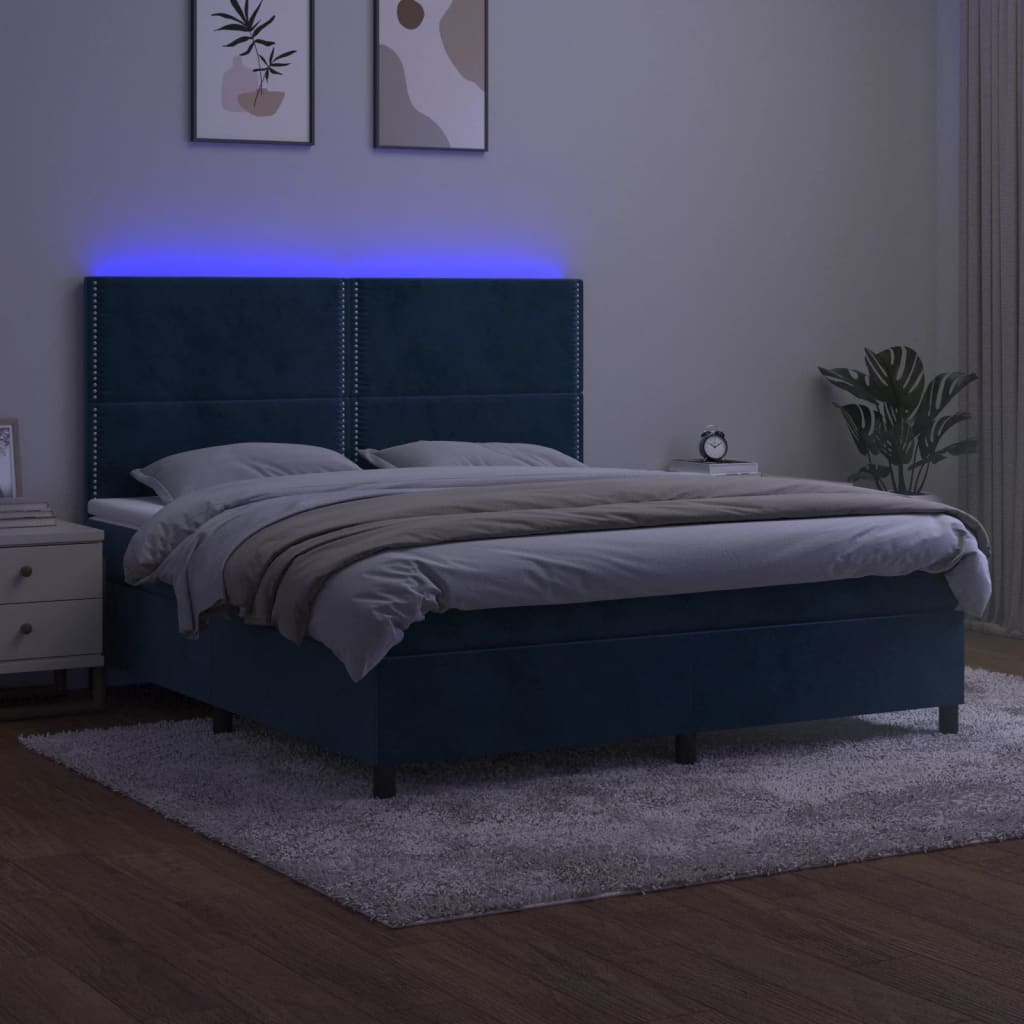 Κρεβάτι Boxspring με Στρώμα & LED Σκ. Μπλε 160x200εκ. Βελούδινο