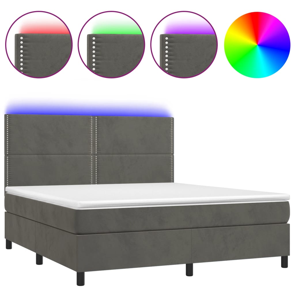 Κρεβάτι Boxspring με Στρώμα & LED Σκ. Γκρι 180x200εκ. Βελούδινο