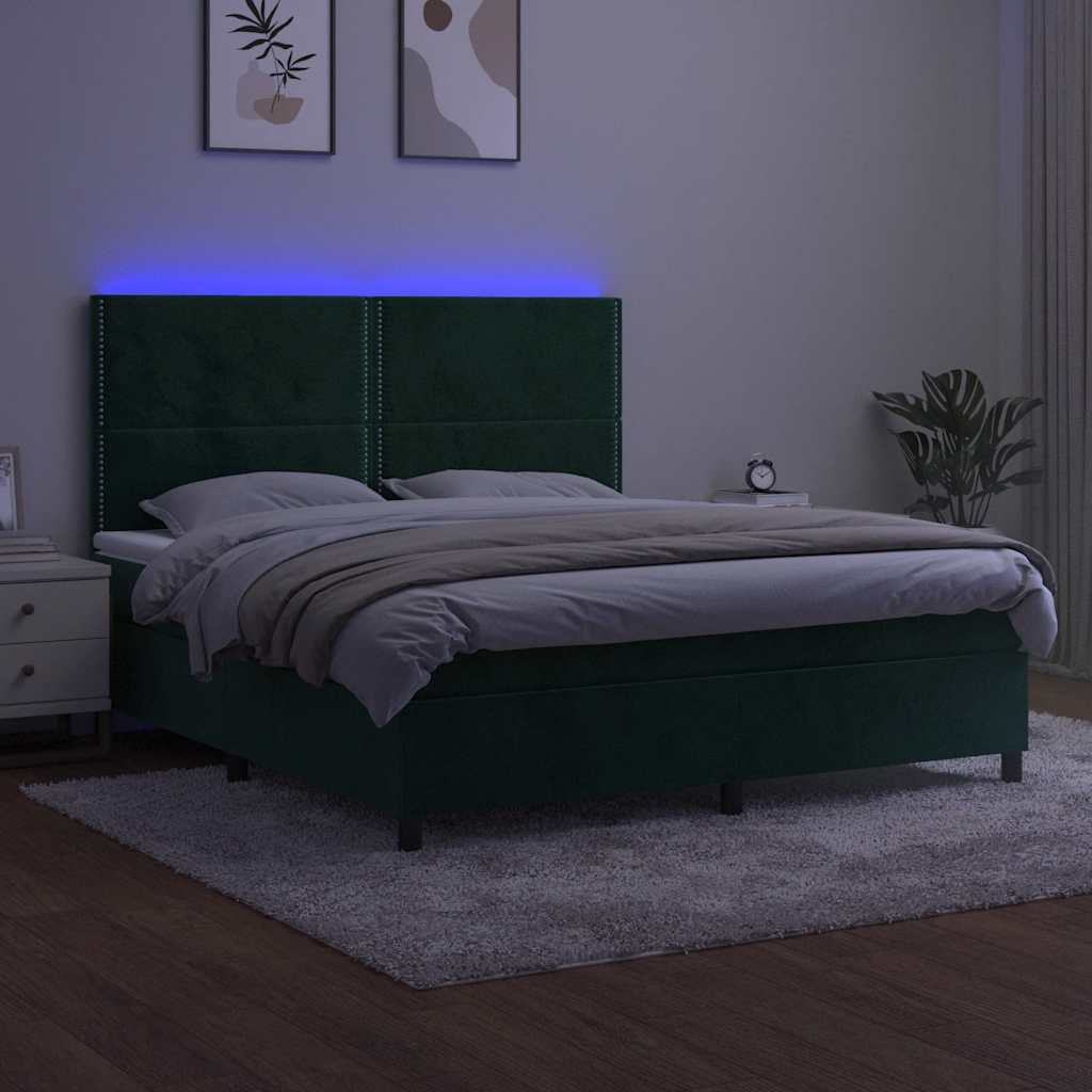 Κρεβάτι Boxspring με Στρώμα & LED Σκ. Πράσινο 180x200εκ Βελούδο