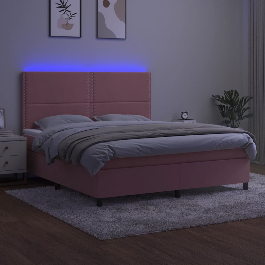 Κρεβάτι Boxspring με Στρώμα & LED Ροζ 180x200 εκ. Βελούδινο