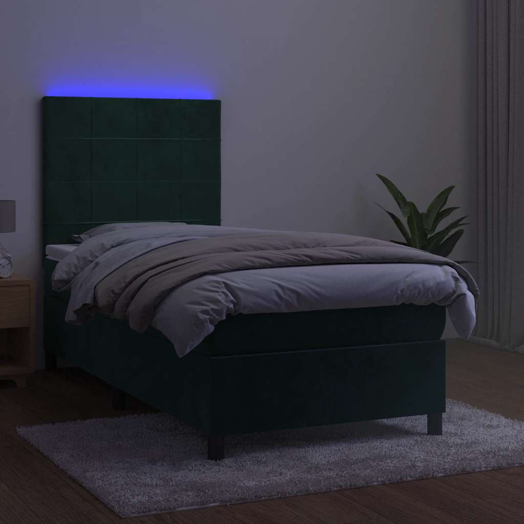 Κρεβάτι Boxspring με Στρώμα & LED Σκ. Πράσινο 90x190 εκ Βελούδο