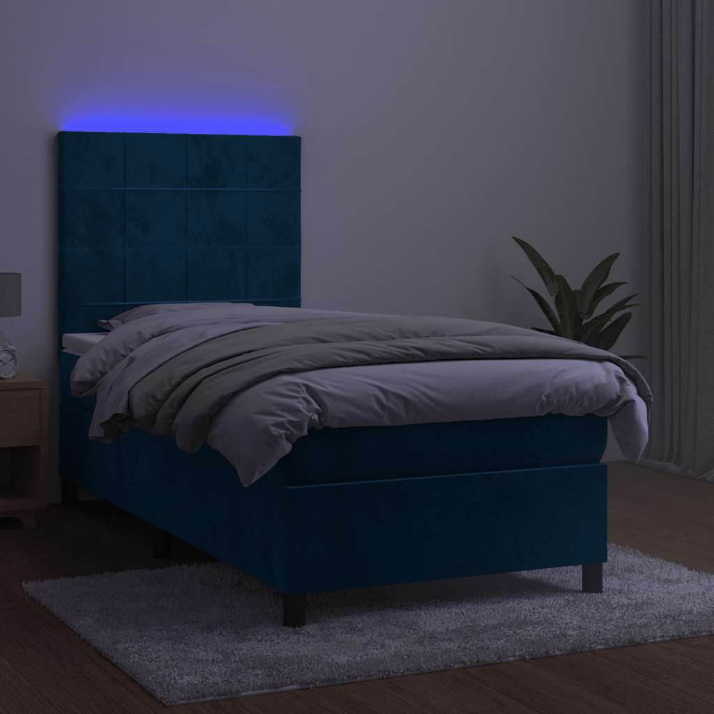 Κρεβάτι Boxspring με Στρώμα & LED Σκ. Μπλε 90x190 εκ. Βελούδινο