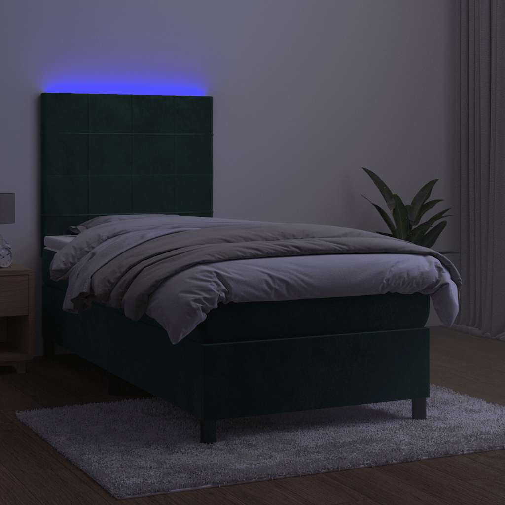 Κρεβάτι Boxspring με Στρώμα & LED Σκ. Πράσινο 90x200 εκ Βελούδο