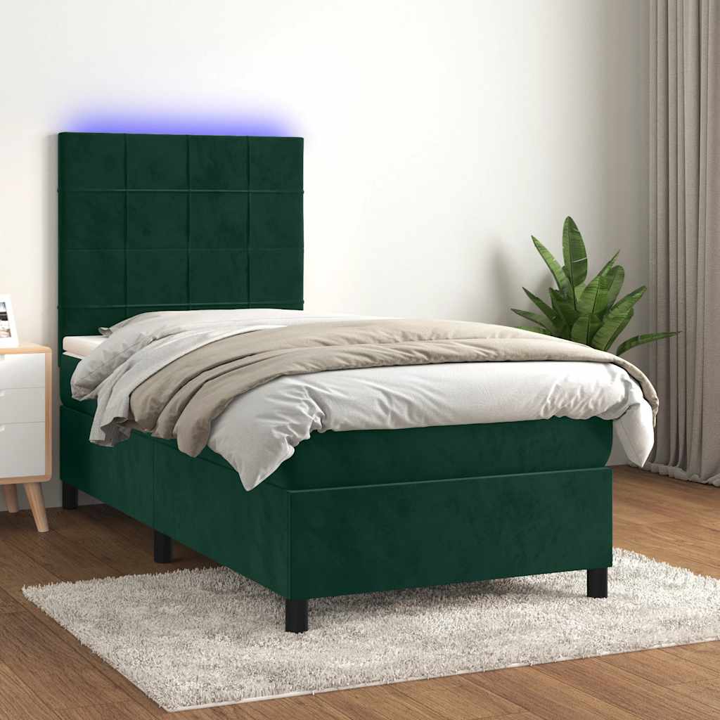 Κρεβάτι Boxspring με Στρώμα & LED Σκ. Πράσινο 100x200εκ Βελούδο