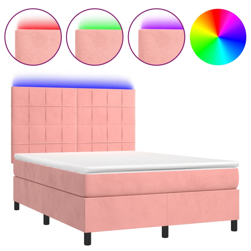 Κρεβάτι Boxspring με Στρώμα & LED Ροζ 140x190 εκ. Βελούδινο - Pakobazaar