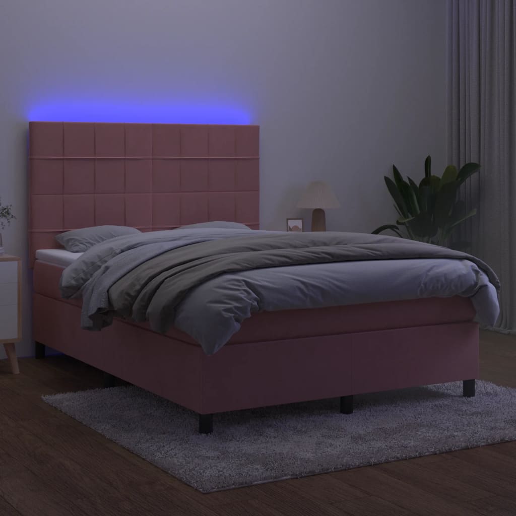 Κρεβάτι Boxspring με Στρώμα & LED Ροζ 140x190 εκ. Βελούδινο - Pakobazaar
