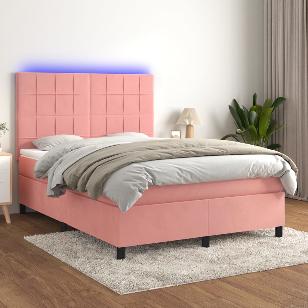 Κρεβάτι Boxspring με Στρώμα & LED Ροζ 140x190 εκ. Βελούδινο - Pakobazaar