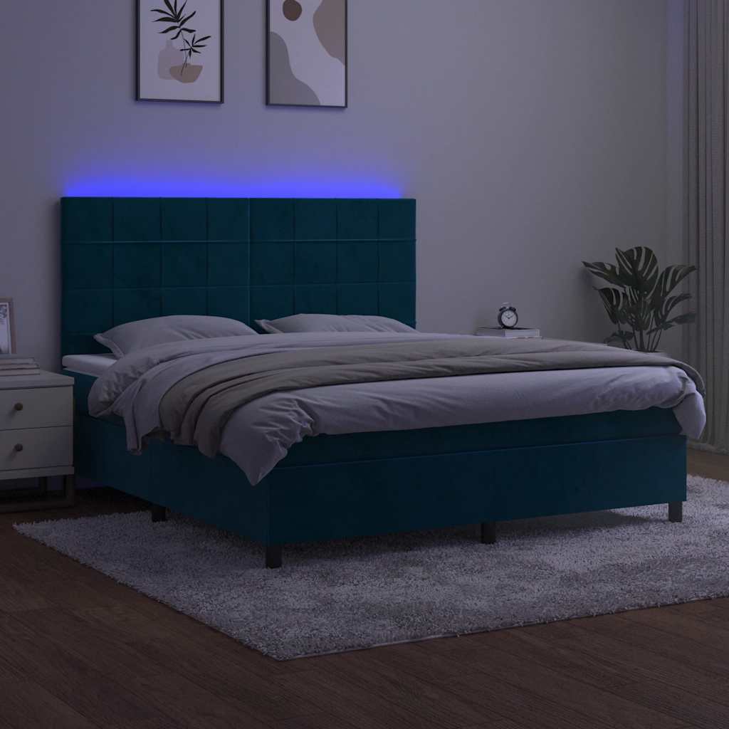 Κρεβάτι Boxspring με Στρώμα & LED Σκ. Μπλε 160x200εκ. Βελούδινο
