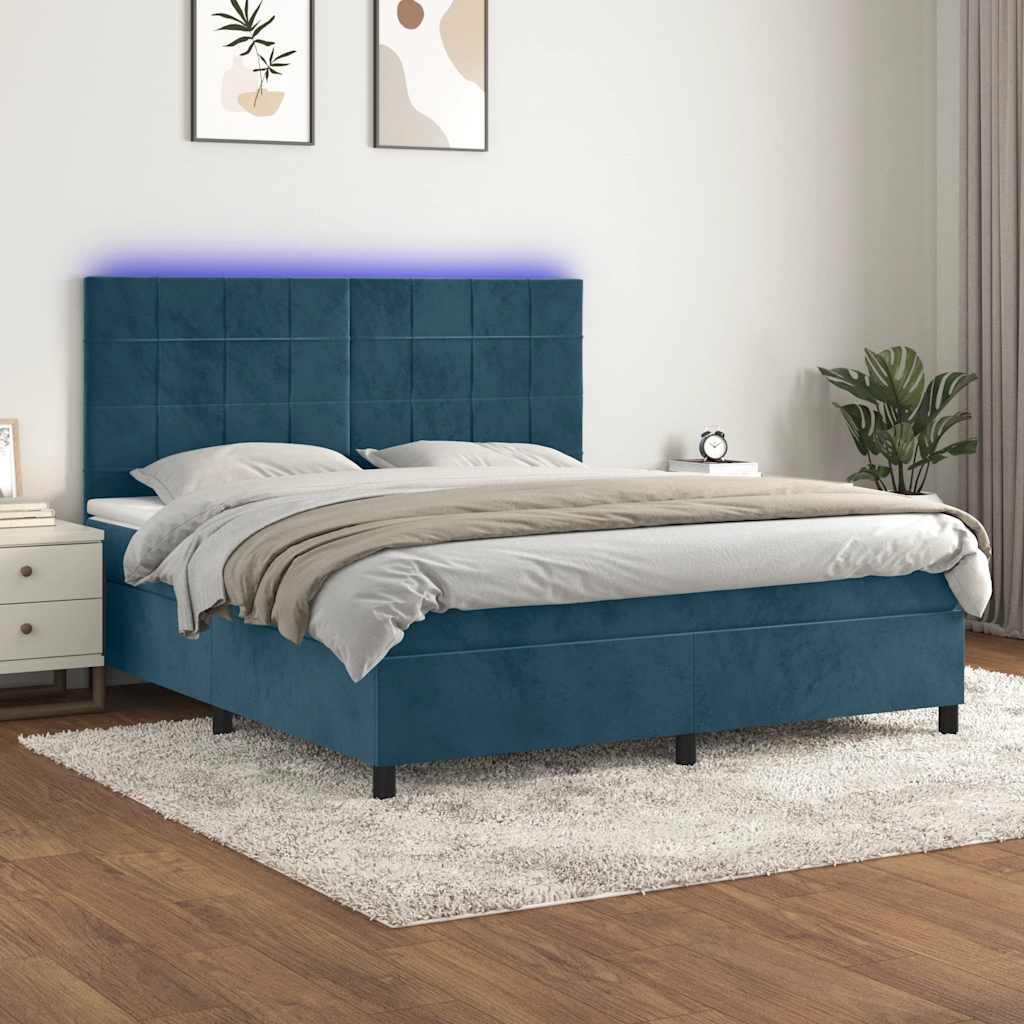 Κρεβάτι Boxspring με Στρώμα & LED Σκ. Μπλε 160x200εκ. Βελούδινο