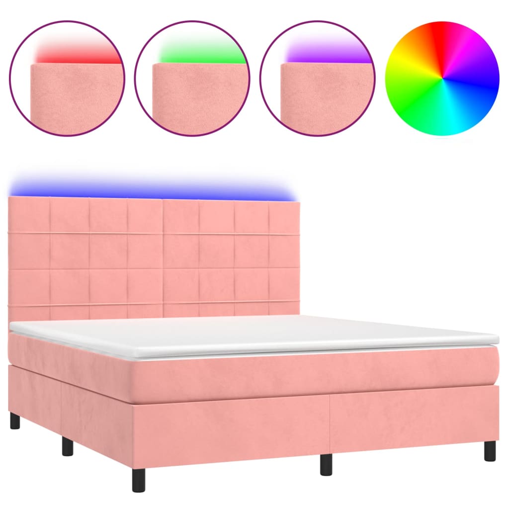 Κρεβάτι Boxspring με Στρώμα & LED Ροζ 180x200 εκ. Βελούδινο
